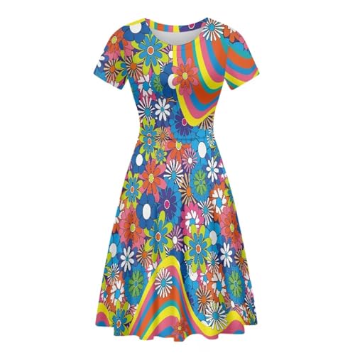 Image of POLERO Sunflower Dress for Women Floral Summer Dresses Short Sleeve Casual Sundresses Midi Dresses