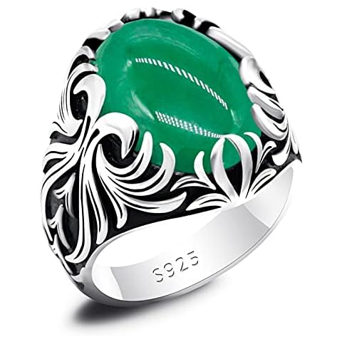 XIXINYA Turkish Black Agate Men's Ring 925 Silver Carved Oval Natural Large Stone Men's Ring Jewelry Gift (Gem Color : Green, Ring Size : 10) Cover