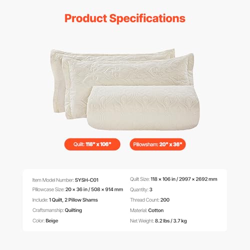 Image of VEVOR King Quilt Set, 3-Piece Lightweight Comforter, Cotton King Size Quilt Bedding Set, Beige Bedspreads with 1 Quilt and 2 Pillow Shams, Lightweight Bedspread Coverlet Bedding Set, for All Season