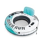 INTEX 56825EP River Run 1 Inflatable Floating Lounge: Comfortable Backrest – Built-in Cup Holders – Durable Grab Handles – All Around Grab Rope – 220lb Weight Capacity – Color May Vary