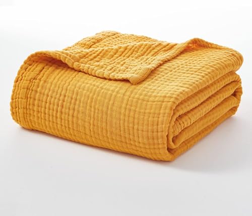 Image of EMME Muslin Blankets for Adults Throw Blanket for Couch Breathable Gauze Soft Lightweight Airy Mustard Yellow Queen 90 inch x 90 inch