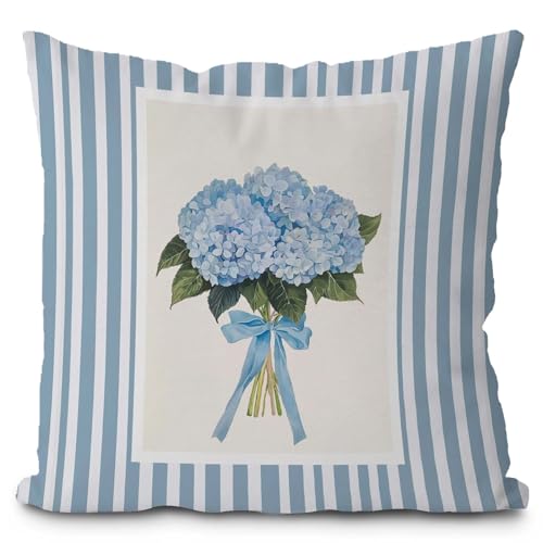 Likjad Blue Hydrangea Floral Pillow Covers 18x18, Preppy Girly Room Decor Aesthetic, Autumn Blue Stripes Hydrangea Bouquet Decorative Throw Pillow Covers for Girls Bedroom Dorm Apartment Decor