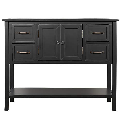 Fat Ant 43'' Kitchen Storage Sideboard Dining Buffet Server Cabinet Cupboard, Free Standing Storage Chest with 4 Drawers Cabinets and Open Shelf, Modern Console Sofa Table for Living Room, Black