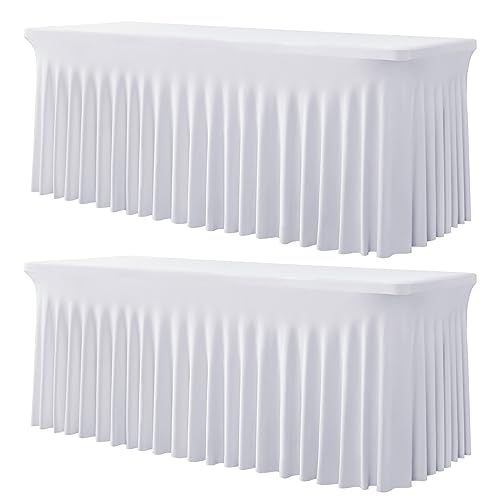 2 Pack White Spandex Tablecloth for 5 Foot Rectangle Tables, Wrinkle Free Fitted Table Clothes Cover 5ft Stretchy Tablecloths with Skirt for Parties Weddings Birthday Banquet Baby Shower by Htper - Used condition - US$35.93