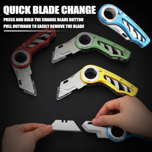 Image of Tondiamo 4 Pcs Folding Pocket Utility Knife Heavy Duty Box Cutter Folding Razor Knife with Anti Slip Finger Loop Easy Change Blades 3 Lock Positions Design (Yellow,Red,Green,Blue)