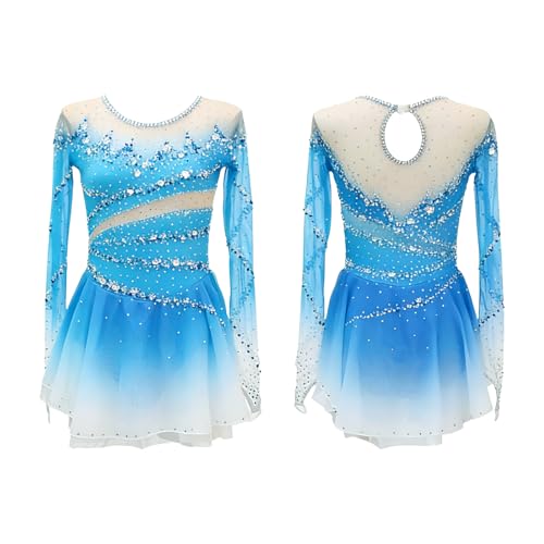 Figure Skating Dress for Girls Mesh Long Sleeve Sparkly Crystal Skirted Leotard Ballet Outfit Dancewear Sea Blue