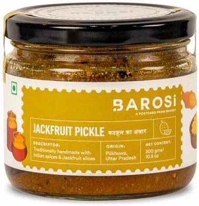 Barosi Authentic Jackfruit Pickle 300 g | Spicy And Tangy Flavor | Chemical-Free | No Preservatives | kathal ka achar Ready to eat Pickles | Glass Jar