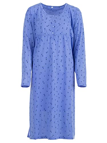 Lucky Camisón de manga larga para mujer, diseño de flores, 3XL-6XL, botones, talla grande, algodón, azul, XXXXL