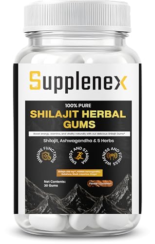 Supplenex Himalayan Shilajit Gums (1.5g Shilajit and 1000mg Fulvic Acid Per Gum) with KSM-66 Ashwagandha, No Added Sugar, Energy, Stamina & Muscle Recovery Support 30 Gums for Daily Wellness