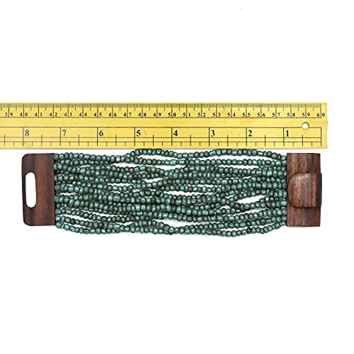 Rustic Turquoise Color Ethnic Beaded Bali Bracelet With Dense Hardwood Buckle Clasp 14 Elastic Strands 2Mm Glass Beads In Gift Box #TOP4