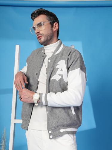 Image of CHKOKKO Men's Oversized Varsity Jacket with Snap Button Closure and Patch Design Trendy Comfortable Outerwear for College Travel and Casual Wear