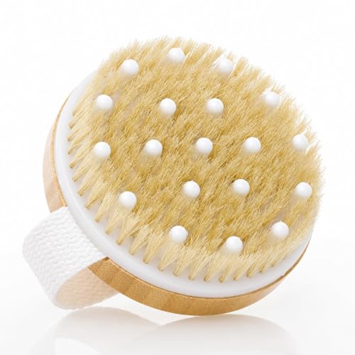 Dry Body Brush with Massage Beads and Hand Strap, Exfoliating Bath Brush for Cleansing and Dead Skin Removal, Wooden Handheld Shower Scrubber for Home Spa and Body Care