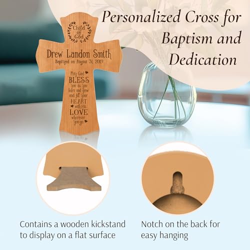 Image of LifeSong Milestones Personalized Baptism 1st Holy Communion Christening Gifts Custom Wall Cross Child of God. May God BLESS you as you learn and grow. Maple wood cross (Cherry) 8.5 inch x 11 inch