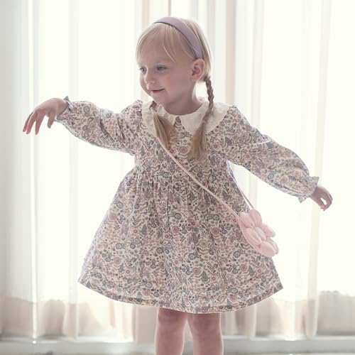 DAVE&BELLA Baby Girl Smocked Dress Long Sleeve Floral Print Sundress with Bag Princess Dress Toddler Cotton Playwear Outfits2