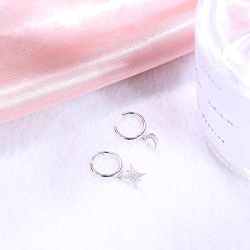 Milacolato 925 Sterling Silver Star Moon Dangle Hoop Earring 18K White Gold Plated CZ Drop Huggie Earrings Cute Cartilage Earrings Hoop for Women-Silver Moon Star