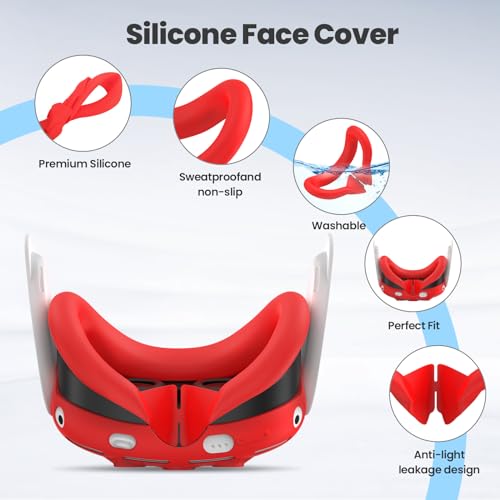 Silicone Cover Compatible with Meta/Oculus Quest 3 Accessories, VR Silicone Face Cover, VR Shell Cover,Touch Controller Grip Case,Camera Lens Protector Set (Red) - Thumbnail 3