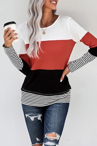 Long Sleeve Shirts for Women Casual Lightweight Sweaters Color Block Striped Tunic Tops4