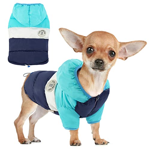 FUAMEY Puppy Puffer Jacket, Warm Padded Pet Snow Vest, Cute Windproof Dog Clothes, Waterproof Outdoor Lightweight Small Dog Hoodie, Chihuahua Poodles Yorkshire Pet Apparel S/12 Small Blue