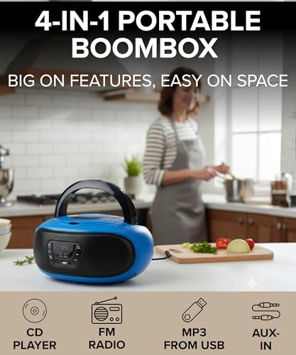 Grouptronics Small Portable CD Player For Home With Speakers – Boombox Mains Or Battery Powered, FM Radio, Supports MP3 Audio Books & Music, Compact & Easy To Use - With USB & AUX IN - GTCDR-501