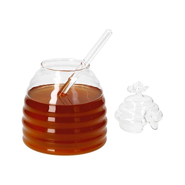 MamboCat 3 teiliges Set Honigtopf mit HoniglÃ¶ffel und Deckel I Glas TÃ¶pfchen zum Servieren von Ahornsirup I Glasdeckel mit Deko Bienchen und Aussparung fÃ¼r SpirallÃ¶ffel I Honig Glas 400ml – Bild 4