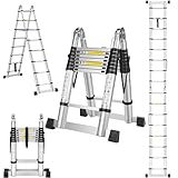 DEWINNER - Escalera telescópica de 5 m (2,5+2,5) - Escalera Plegable 2 en 1, Escalera de Aluminio con Ganchos extraíbles para Uso Interior y Exterior, Carga máxima 150 kg, Color Plateado