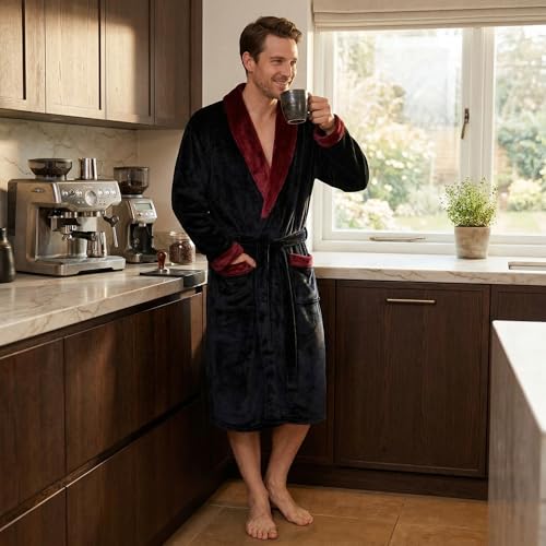 Image of U2SKIIN Mens Fleece Robe Plush Collar Shawl Bathrobe