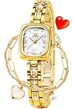 OLEVS Gold Watches - Orologio da polso da donna, quadrato, elegante, sottile, con diamanti, 3695: bianco