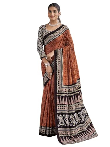 Satrani Women's Pure Cotton Printed Saree With Unstitched Blouse Piece (3856S119N_Brown & Dark Wine)