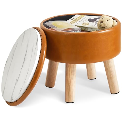 IBUYKE 13” Pequeño Reposapiés Otomana con Almacenamiento, Redondo Puf Reposapiés Taburete con Asiento Acolchado y la Tapa, PU Mini Reposapiés para Sala de Estar Sofá Entrada, Amarillo- Marrón WBD023J