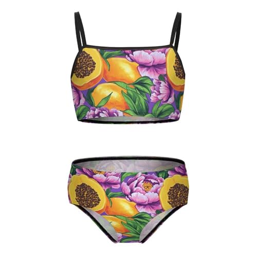 Flowers Papaya Fruit Girls Swimsuits Two Piece Bikini Sets Beach Sport Swimwear Bathing Suit