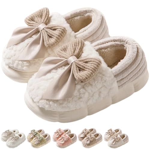 Bow Slippers Cute Cozy Soft Fuzzy Slippers for Womens Bow Tie Winter House Warm Slippers Shoes Indoor Non Slip Home Slippers Ladies Bedroom Indoor Slipper