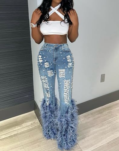 Tbahhir Women's Skinny Ripped Jeans Pearl Distressed Stretchy High Waisted Tassels Slim Fit Denim Pants Y2K Streetwear2