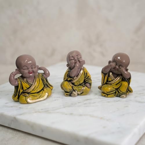 Image of eCraftIndia Resin Yellow Think No Evil Speak No Evil Hear No Evil Set of 3 Cute Little Monk Buddha Statues Decorative Showpieces for Car Dashboard Home Office Desk Decor Gift Purpose