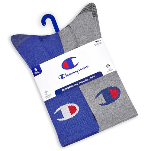 Image of Champion Men's Cushioned Crew Socks 5-Pack - Moisture-Wicking Athletic Crew Socks with Arch Support (Sizes 6-12)