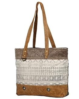 Myra Bag Oromos Canvas Tote - 18.5x13 Mexican Shoulder Bag, 11" Strap, Canvas and Brown Leather, Zipper Top, Everyday Boho Purses for Women, Hippie Vintage Purse, For Work, Travel, Renaissance