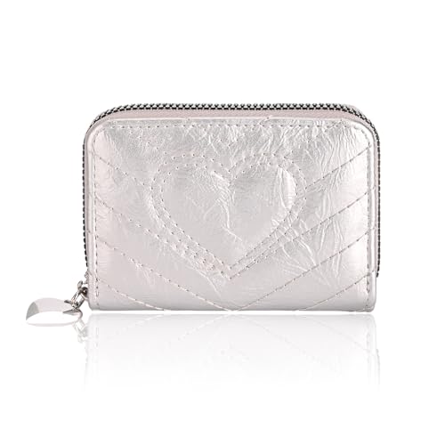 Credit Card Holder, Cute Wallet Women, Love Heart Shaped Zipper Business Card Holder Small Wallets Woman for Cash, Key, Change, ID Card (Silvery)
