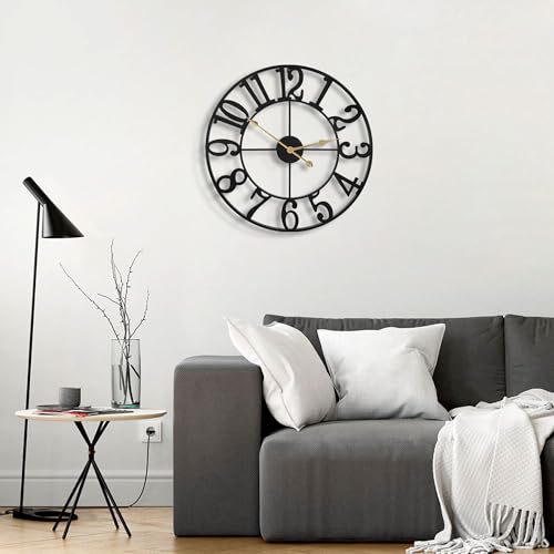Miniatura 8 de Haitang Reloj De Pared Grande De 16 Pulgadas, Redondo, Casi Silencioso, Sin Tictac, De Cuarzo, Funciona Con Pilas, Números Arábigos Negros, Relojes De Pared De Metal Para Sala De
