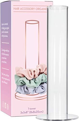 Clear Acrylic Scrunchie Holder Stand, Hair Tie Organizer Tower for Scrunchies, Spiral Hair Coils & Bracelets — Holds 24–60 — Minimal Vanity/Bathroom Counter Storage for Teen Girls & Moms