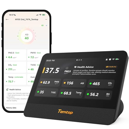 Image of Temtop WiFi Air Quality Monitor M100 2nd Gen, 7 Inch Touchscreen CO2 Detector & Air Quality Tester for PM2.5 PM10 TVOC Temperature Humidity, Air Analyzer for Home Office with LoRa Extension