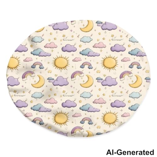 Image of Kids Hair Cover Elastic Satin Bonnet Sleep Cap for Boys Girls Beanie Hat with Adjustable Band for Night Sleeping Headwear for Toddler Children Baby, Rainbow Cloud Sun Printed