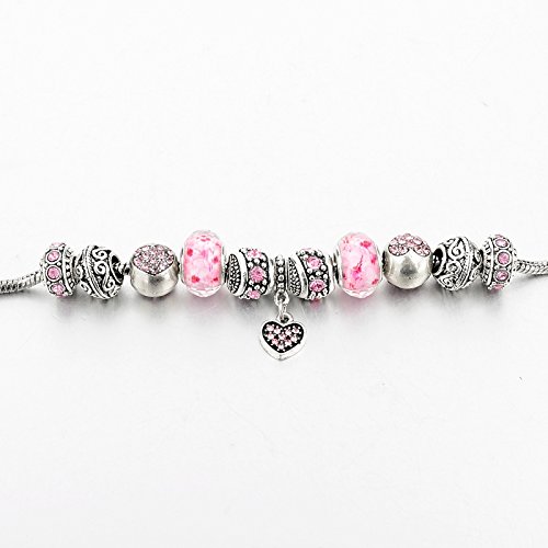 Long Way Silver Tone Chain Pink Crystal Love Heart Bead Glass Charm Bracelet With Extender 7.5"+1.5" … (201) #TOP5