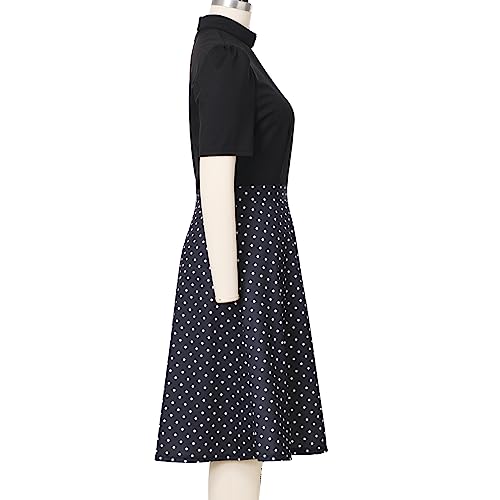 Image of CAMDOM Church Clergy Dress for Women Short Sleeve Polka Dot A Line Elegant Dress with Tab Collar