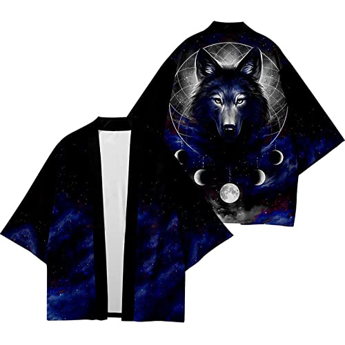 Rayuwen Cardigã Kimono Tradicional Robe Masculino Plus Size Estampa Lobo Praia Japonesa Yukata Frent