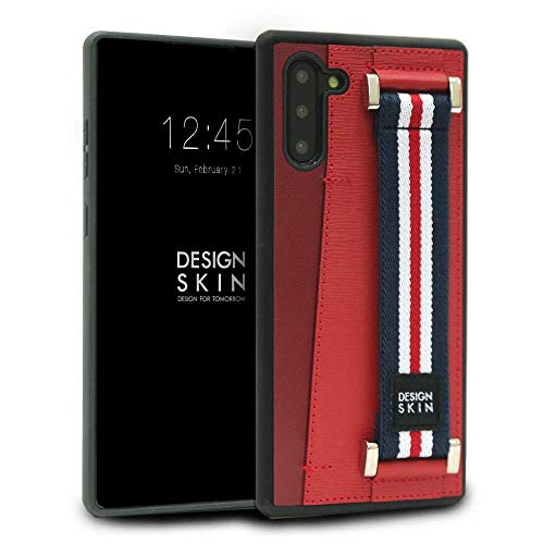 Design Skin Samsung Galaxy Note 10 Case, Genuine Leather Phone Case and Card Holder with Elastic Hand Strap for Extra Grip - Red