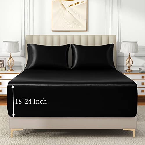 Vacvelt 3Pcs Extra Deep Pocket Satin Fitted Sheet Set Queen Bed Set, Black Bottom Sheet Fit 18-24 Inch Deep Pocket Mattress, Silky Bedding Set Soft & Ultra Deep Fitted Sheet & 2 Pillowcase #TOP1