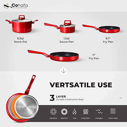 6 Pcs Pots And Pans Sets, Nonstick Cookware Set, Induction Pan Set, Chemical-Free Kitchen Sets, Stone-Derived Coating, Saucepan, Stock Pot, Frying Pan, Red #TOP2