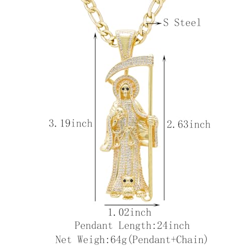 14K Gold Plated Brass Cubic Zirconia Skull Holy Death Sanit La Santa Muerte Charm Pendant Necklace Jewelry2