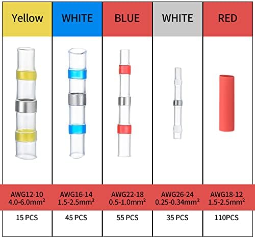 260 Pcs Solder Seal Wire Connectors, Heat Shrink Solder Sleeve Terminals, Waterproof Insulated Electrical Butt Splice Wire Terminals Heat Shrink Tubing, with 2:1 Shrinkage Ratio