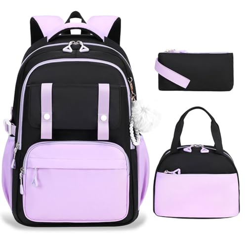 KEBEIXUAN Kawaii rugzak voor meisjes, duurzame schooltas met meerdere vakken voor basisschool en middelbare school, Kids Rugzak+geïsoleerde Lunch Bag+etui Plaid Zwart Paars, L