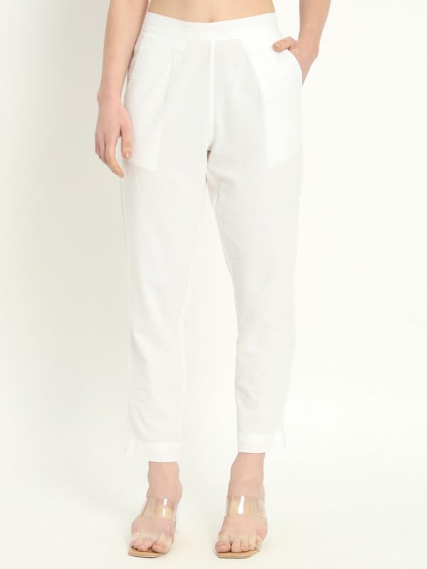 Image of Women's Solid Straight Fit 100% Cotton Trousers | High Waist, Side Pockets, Ankle Length Pants for Office, Casual